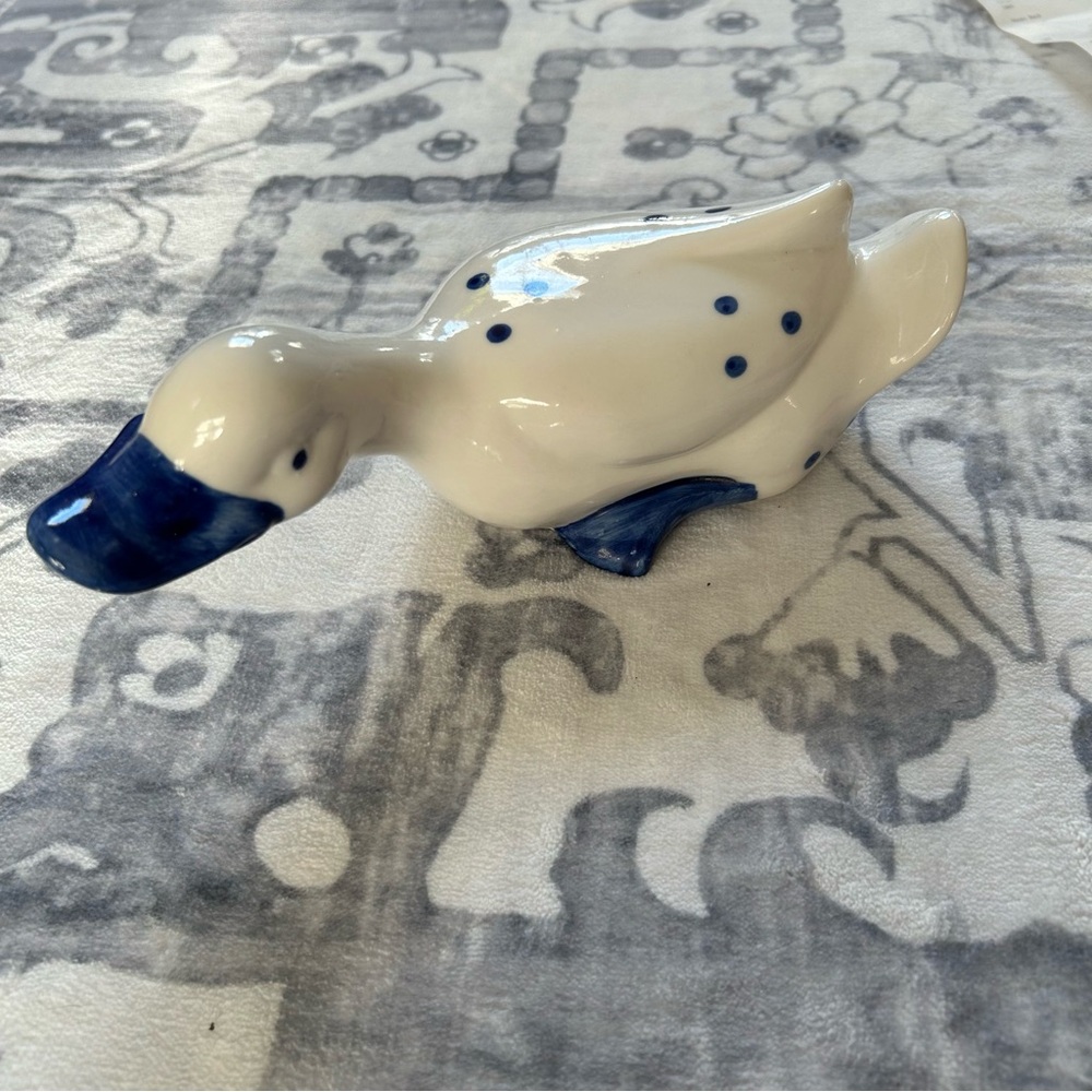 Vintage Hand-Painted Ceramic Duck Figurine – 8" Long with Blue Polka Dot Accents